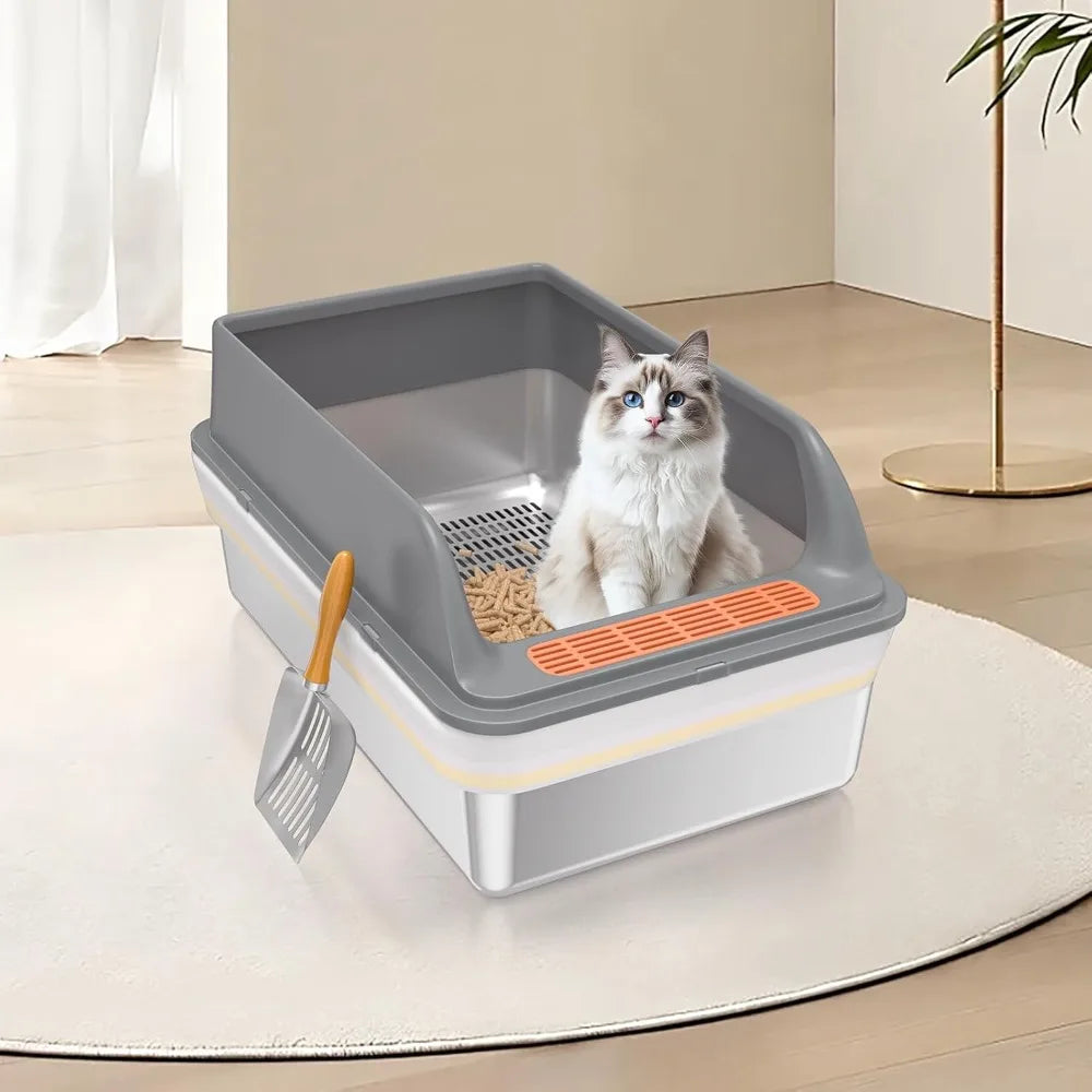 Medium Stainless Steel Sifting Litter Box with Lid for Large Cats and Pine Pellet Litter