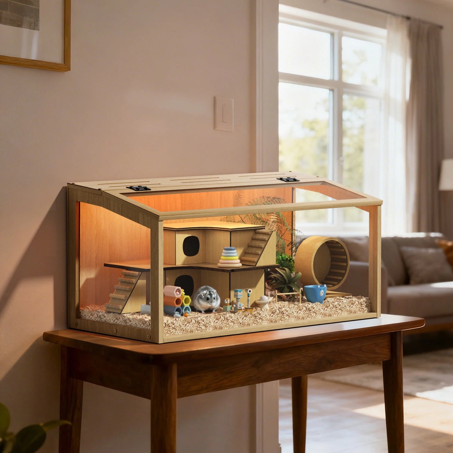 NONECN Wooden Hamster Cage With Glass Panels Open Top