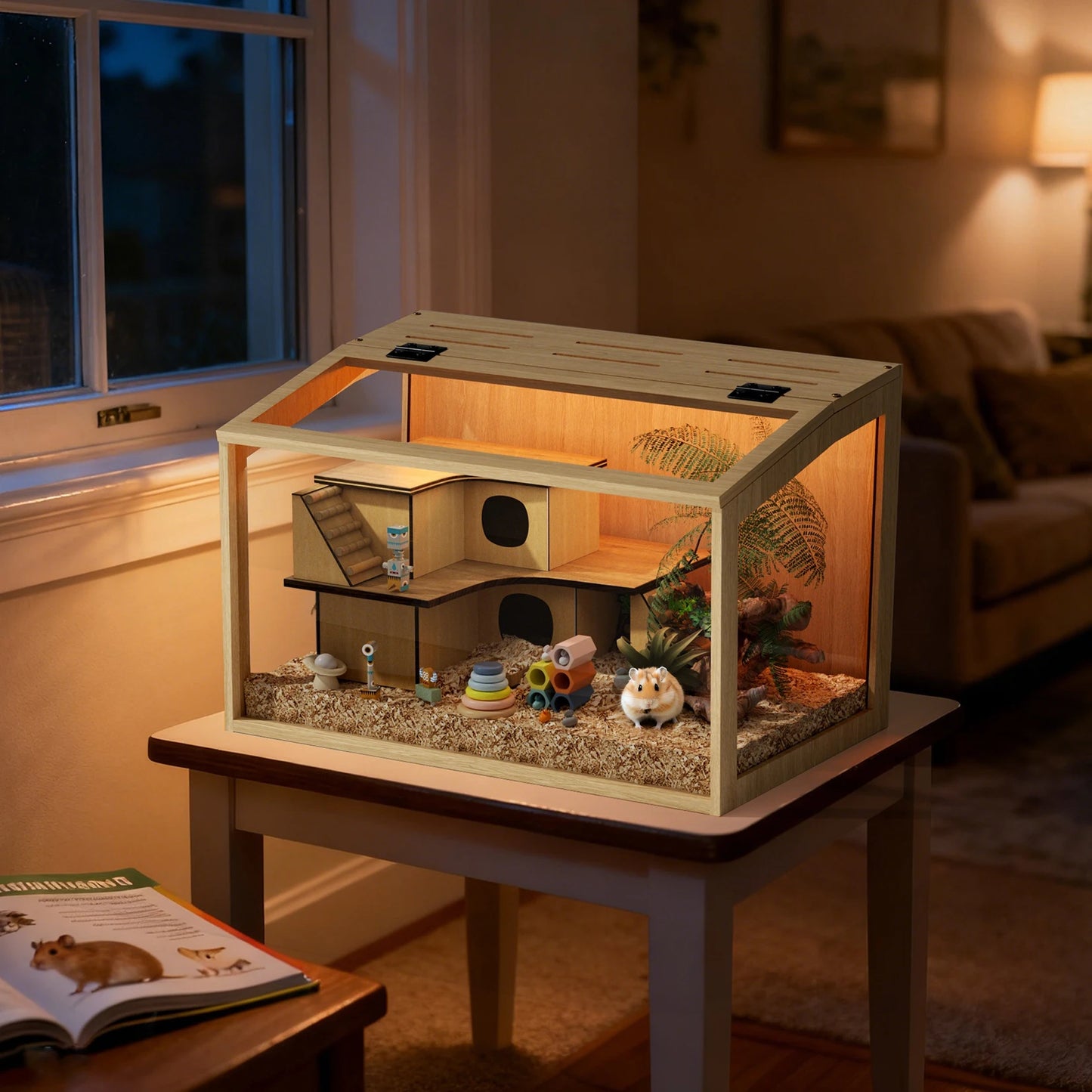 NONECN Wooden Hamster Cage With Glass Panels Open Top