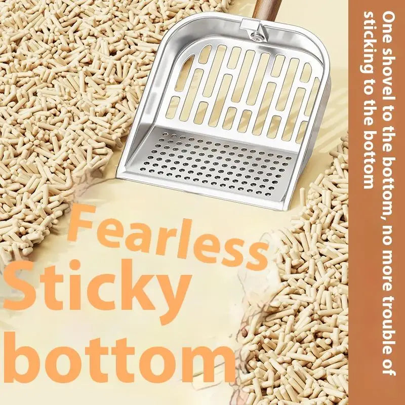 Stainless Steel Cat Litter Scoop Long Wooden Handle Pet Waste Shovel Cleaning Tool Long Handled Hollow Shovel Cats Supplies