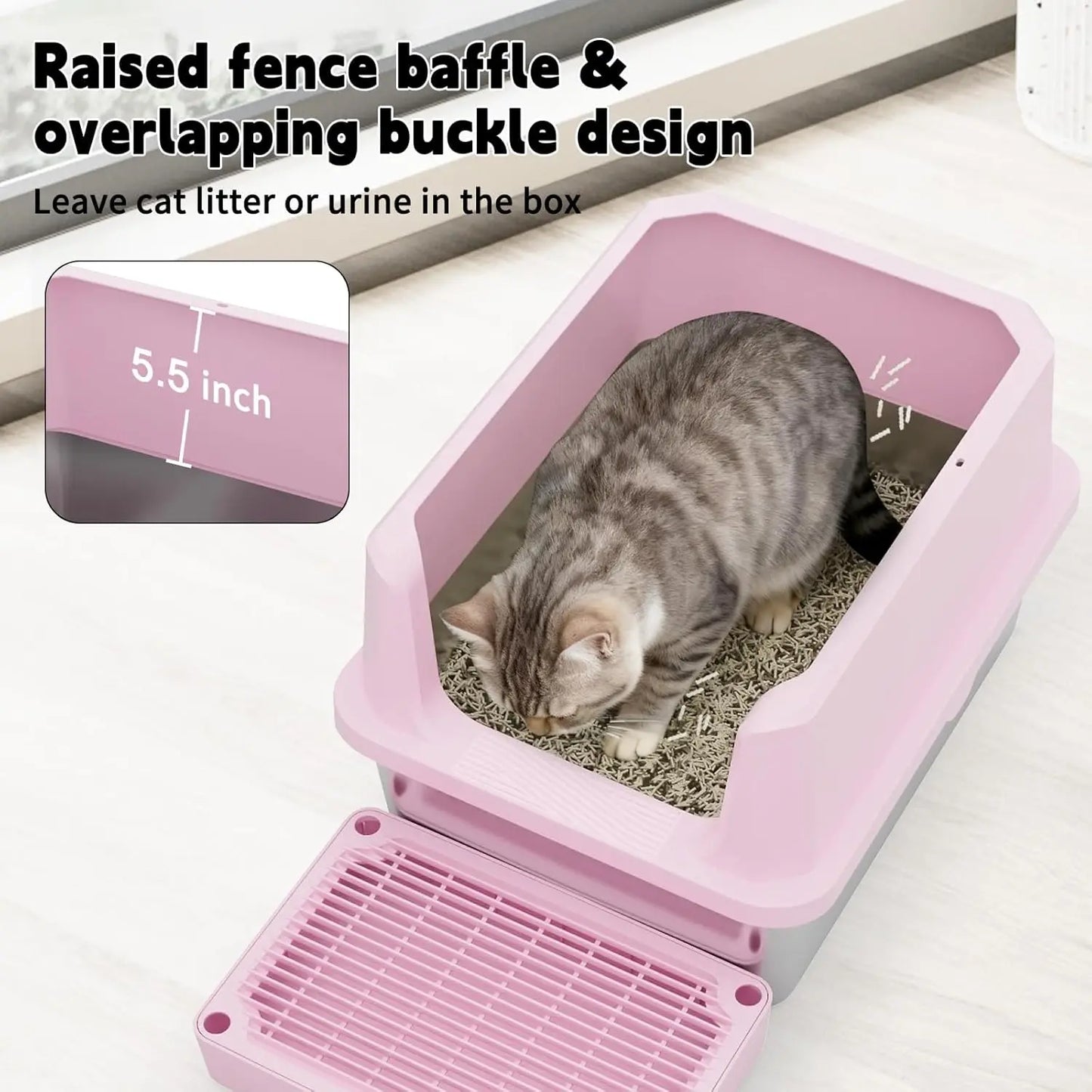 Cat Litter Box: Pink StainlSteel Odor Control Pan - Easy Clean Non-Porous - 11.6' High Sides Anti