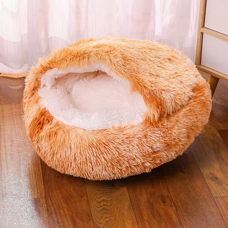 Snooze Cat Bed Round Plush Fluffy Hooded Cozy Cat Bed Cave for Indoor Donut Self Warming Small Dog Bed Anti-anxiety for Winter
