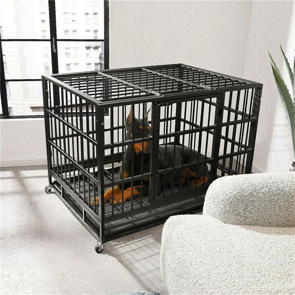 BORWARTH Heavy Duty Dog Crate Square Tube With Lockable Wheels Tray