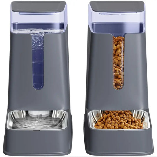 XMSJ Cat Food and Water Dispenser Set with Stainless Bowls