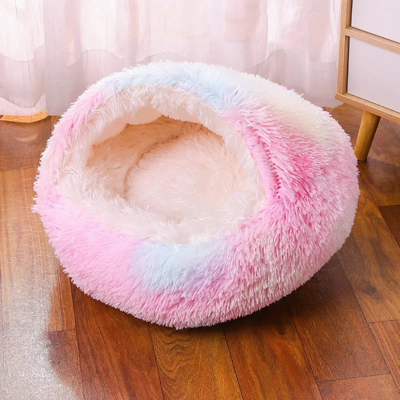 Snooze Cat Bed Round Plush Fluffy Hooded Cozy Cat Bed Cave for Indoor Donut Self Warming Small Dog Bed Anti-anxiety for Winter