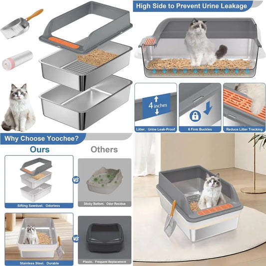 Medium Stainless Steel Sifting Litter Box with Lid for Large Cats and Pine Pellet Litter