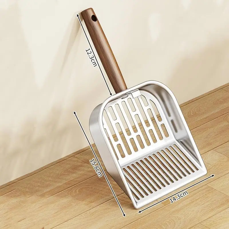 Stainless Steel Cat Litter Scoop Long Wooden Handle Pet Waste Shovel Cleaning Tool Long Handled Hollow Shovel Cats Supplies