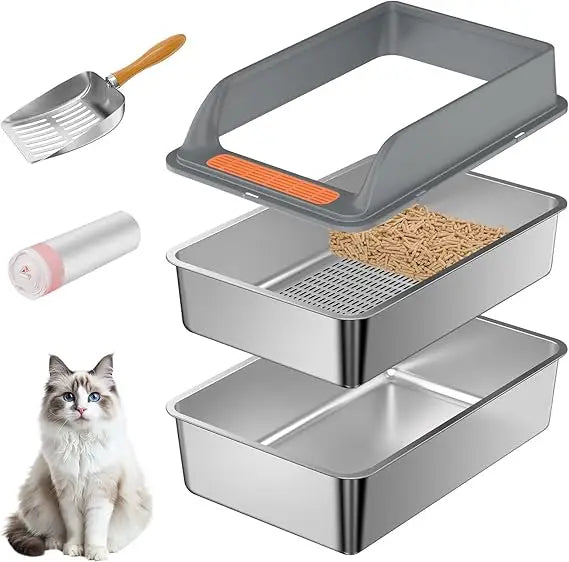 Medium Stainless Steel Sifting Litter Box with Lid for Large Cats and Pine Pellet Litter