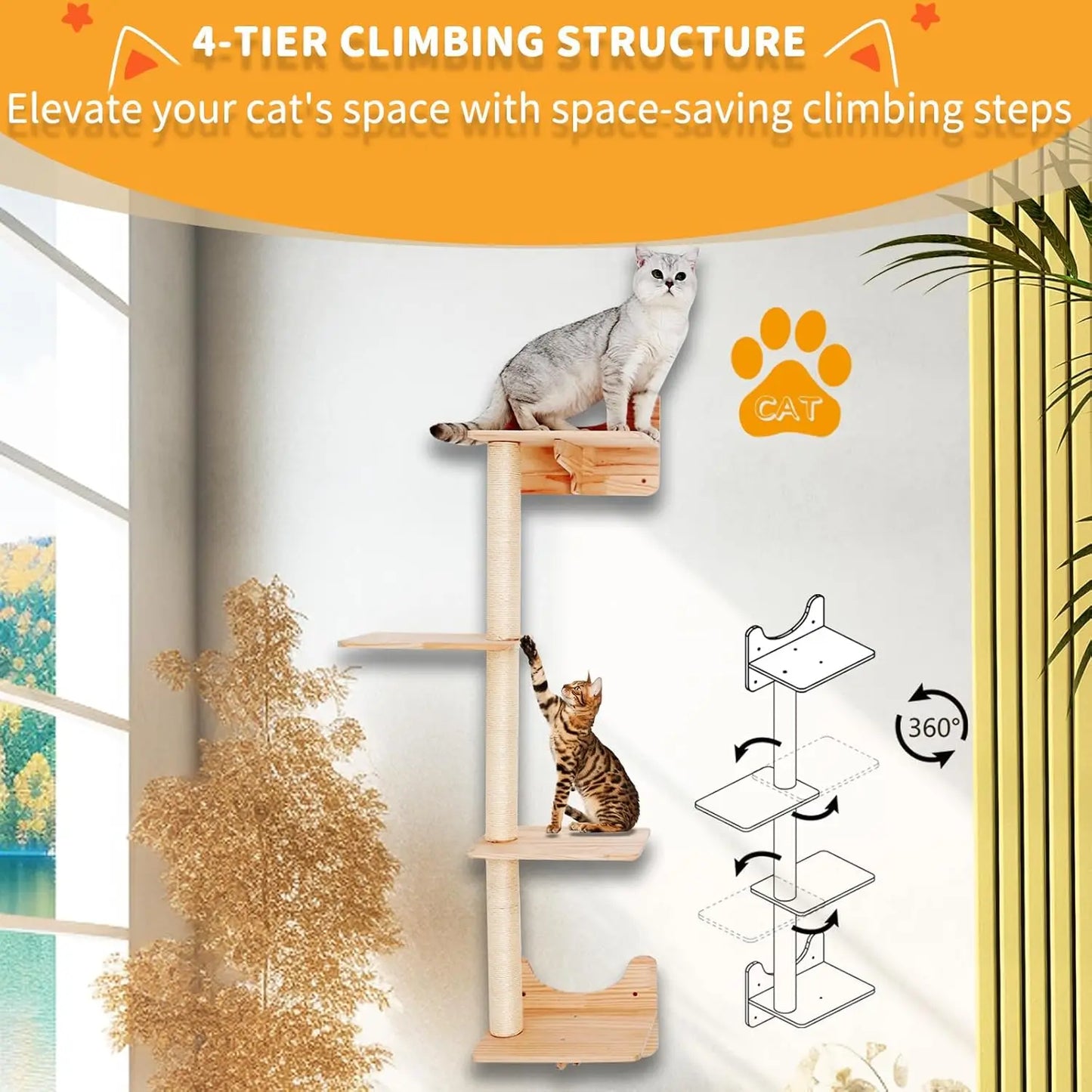 Wall-Mounted Cat Shelves Set with House, Bridge Ladder, Scratching Posts and Steps for Indoor Play