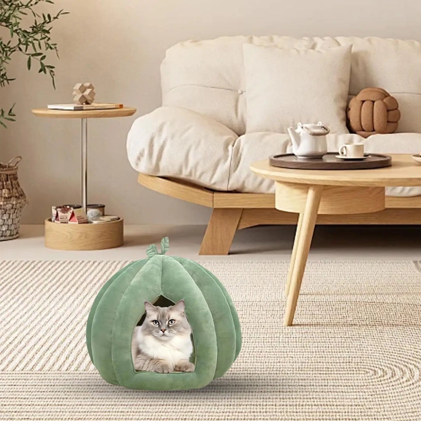 Enclosed Cat Nest Winter Warm Cat Bed Thickened Pumpkin Shape Pet Sleeping House for Cats Washable Cat Sleeping Bed Pet Supply