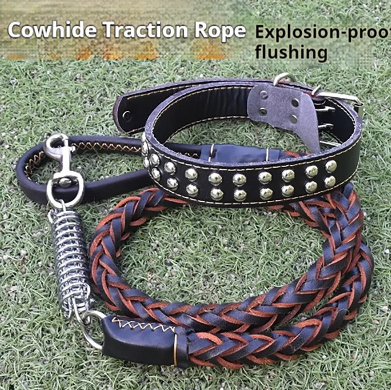 5-Foot Genuine Dog Leash with Cowhide Collar - High Quality Punch Dog Walking Rope for Medium & Large Dogs, Golden Retriever
