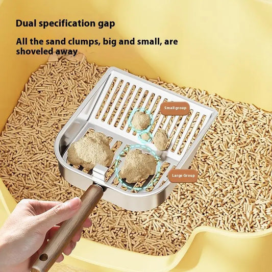 Stainless Steel Cat Litter Scoop Long Wooden Handle Pet Waste Shovel Cleaning Tool Long Handled Hollow Shovel Cats Supplies