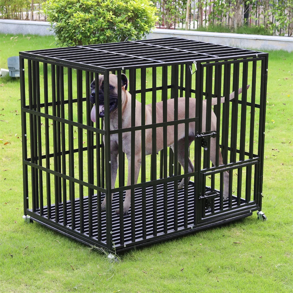 BORWARTH Heavy Duty Dog Crate Square Tube With Lockable Wheels Tray