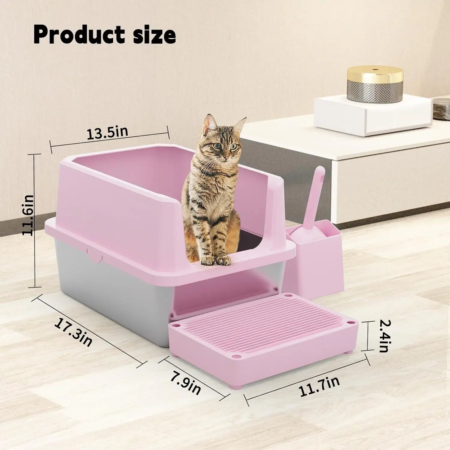 Cat Litter Box: Pink StainlSteel Odor Control Pan - Easy Clean Non-Porous - 11.6' High Sides Anti