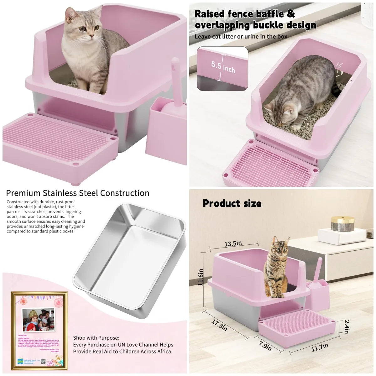 Cat Litter Box: Pink StainlSteel Odor Control Pan - Easy Clean Non-Porous - 11.6' High Sides Anti
