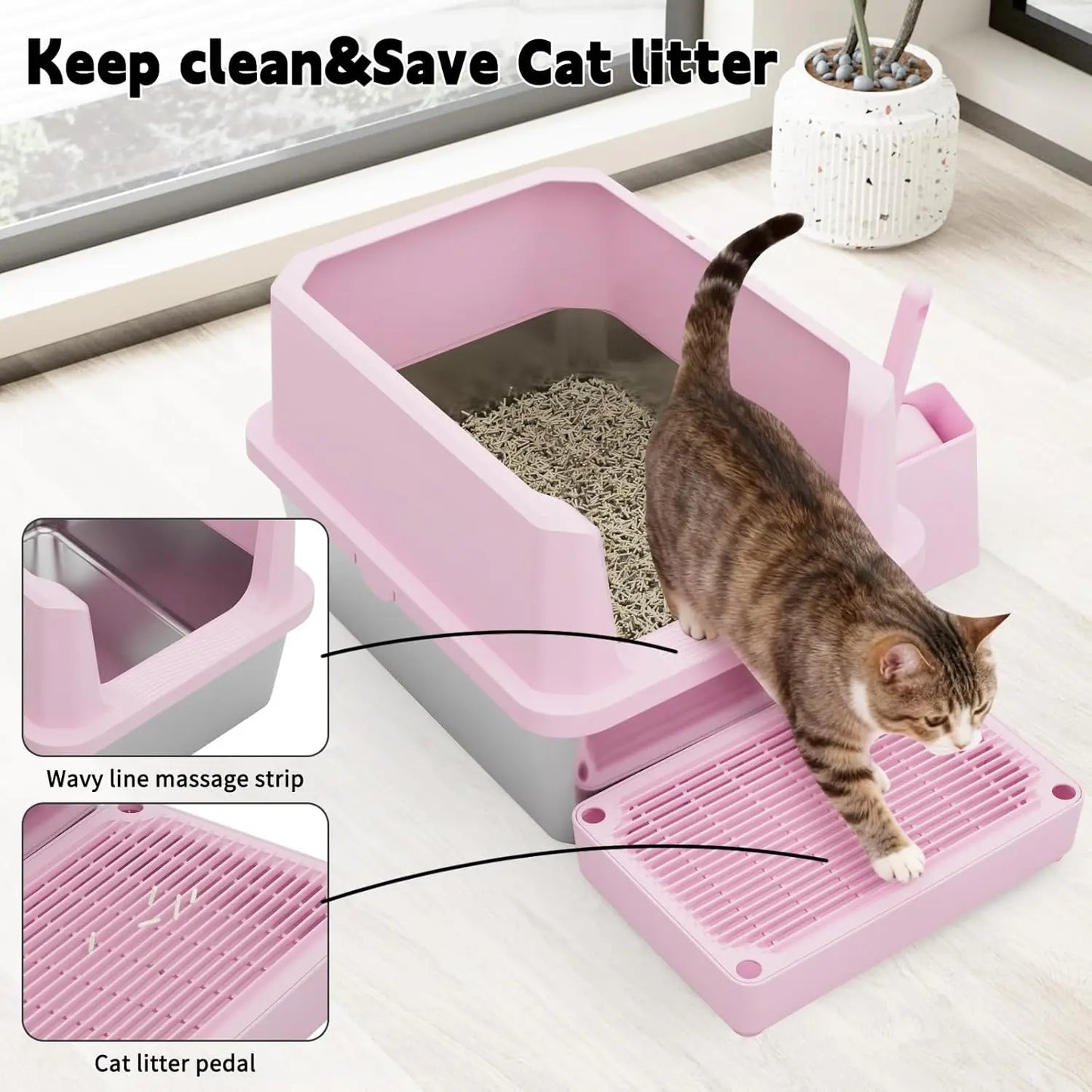 Cat Litter Box: Pink StainlSteel Odor Control Pan - Easy Clean Non-Porous - 11.6' High Sides Anti