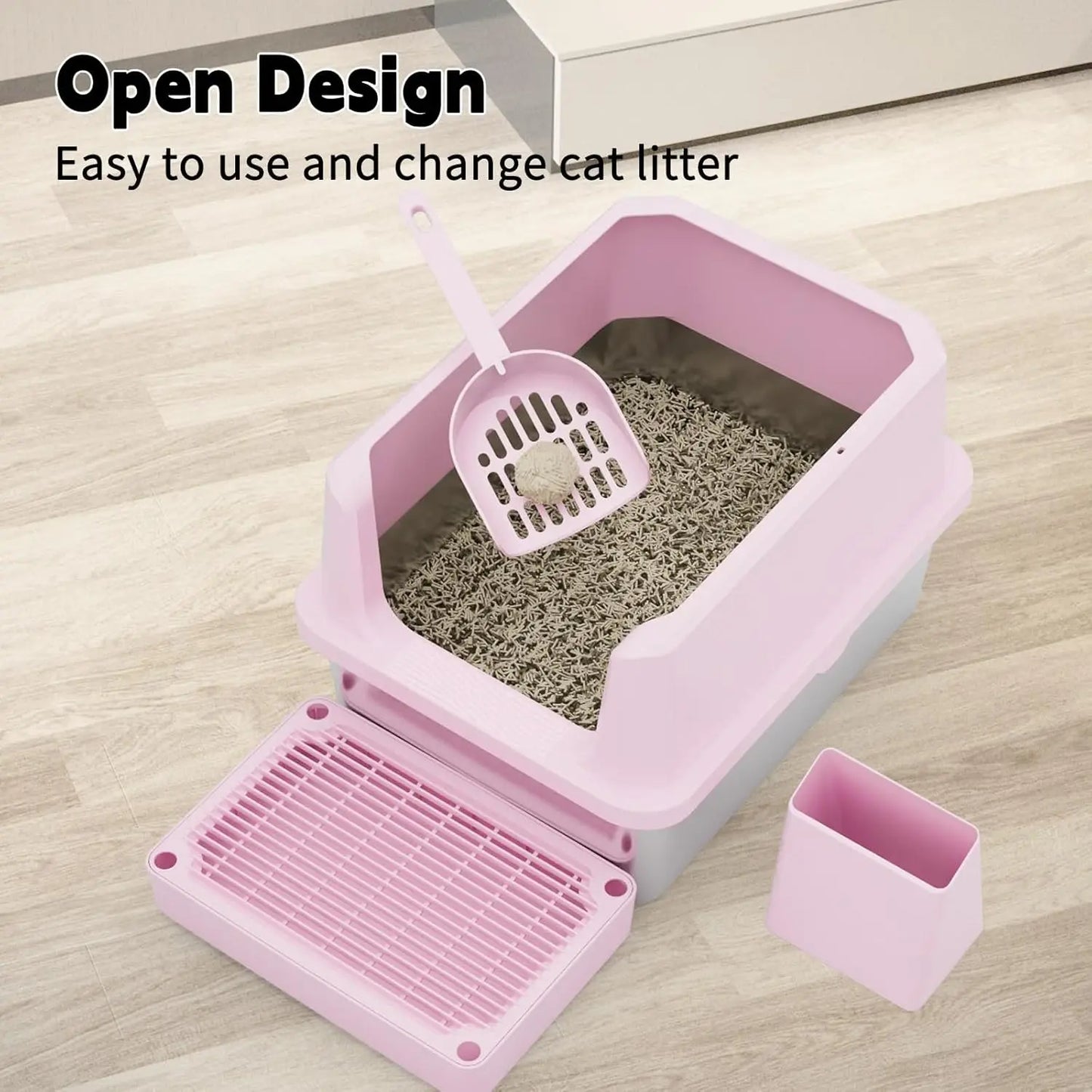 Cat Litter Box: Pink StainlSteel Odor Control Pan - Easy Clean Non-Porous - 11.6' High Sides Anti