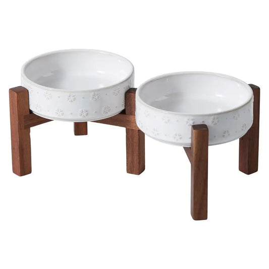 Raised Double Dog Bowls With Acacia Wood Stand Toy Breeds