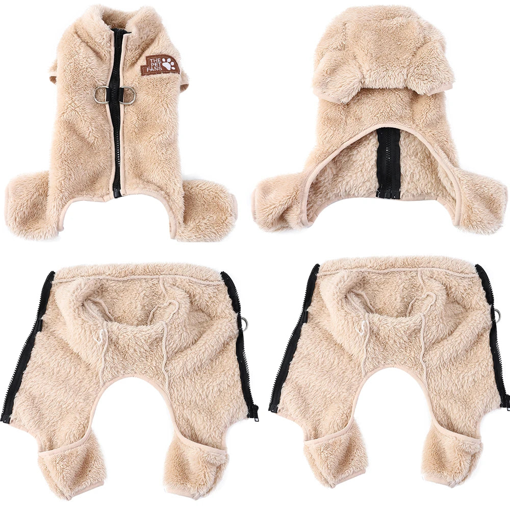 Soft Fleece Dog Clothes Winter Four Legs Covered  Plush Pet Coat D-Ring Zipper Puppy Jacket Autumn Overall For Small Middle Dog