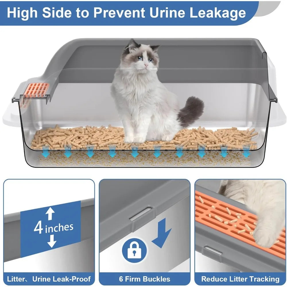 Medium Stainless Steel Sifting Litter Box with Lid for Large Cats and Pine Pellet Litter