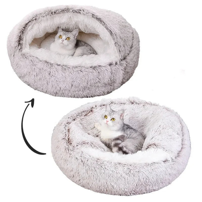 Snooze Cat Bed Round Plush Fluffy Hooded Cozy Cat Bed Cave for Indoor Donut Self Warming Small Dog Bed Anti-anxiety for Winter