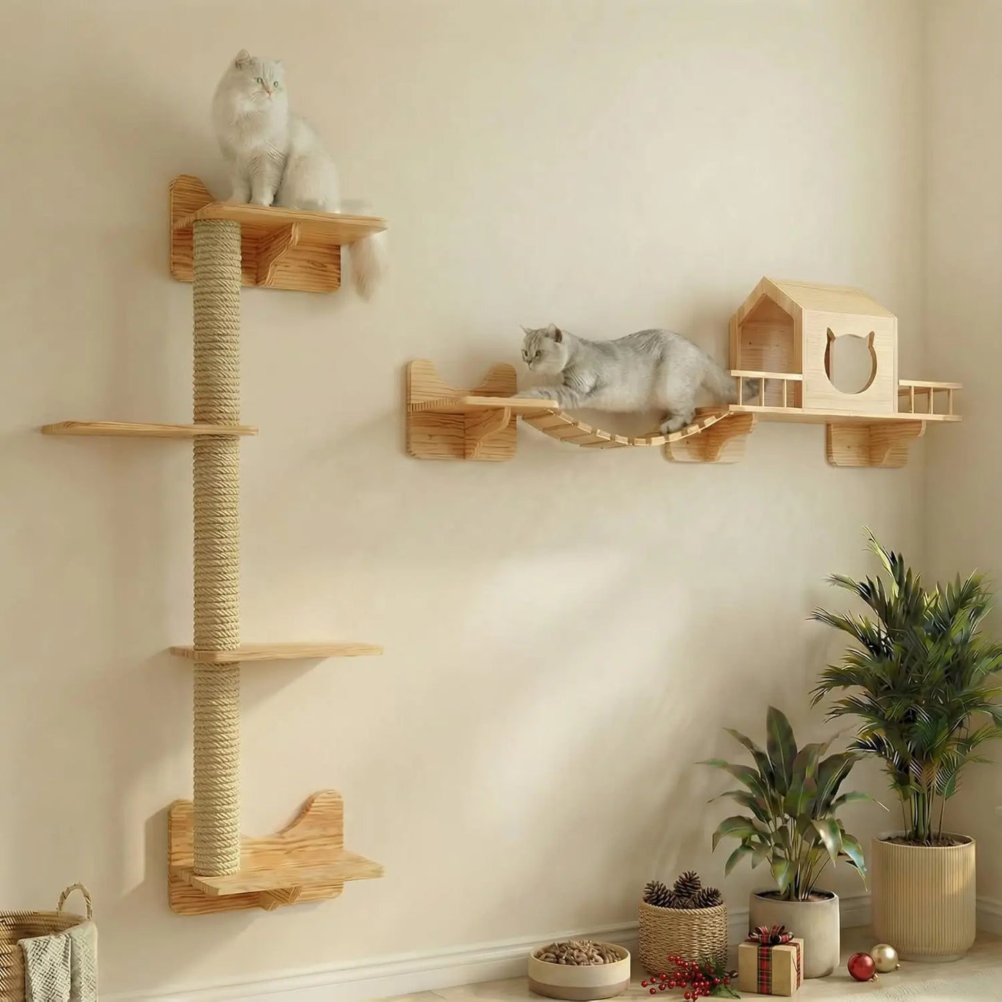 Wall-Mounted Cat Shelves Set with House, Bridge Ladder, Scratching Posts and Steps for Indoor Play