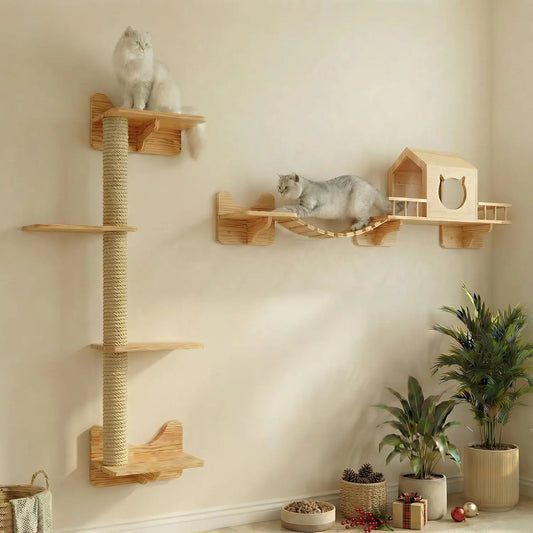 Wall-Mounted Cat Shelves Set with House, Bridge Ladder, Scratching Posts and Steps for Indoor Play