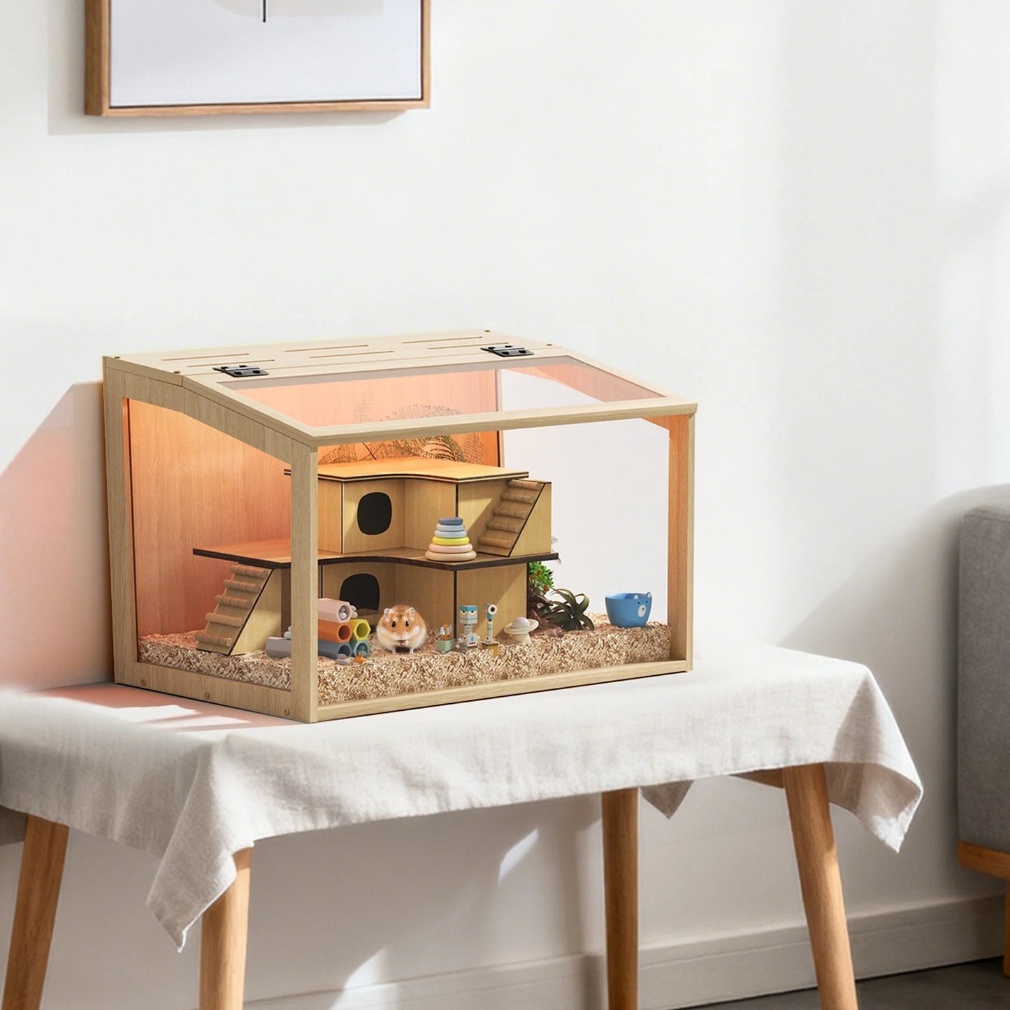 NONECN Wooden Hamster Cage With Glass Panels Open Top