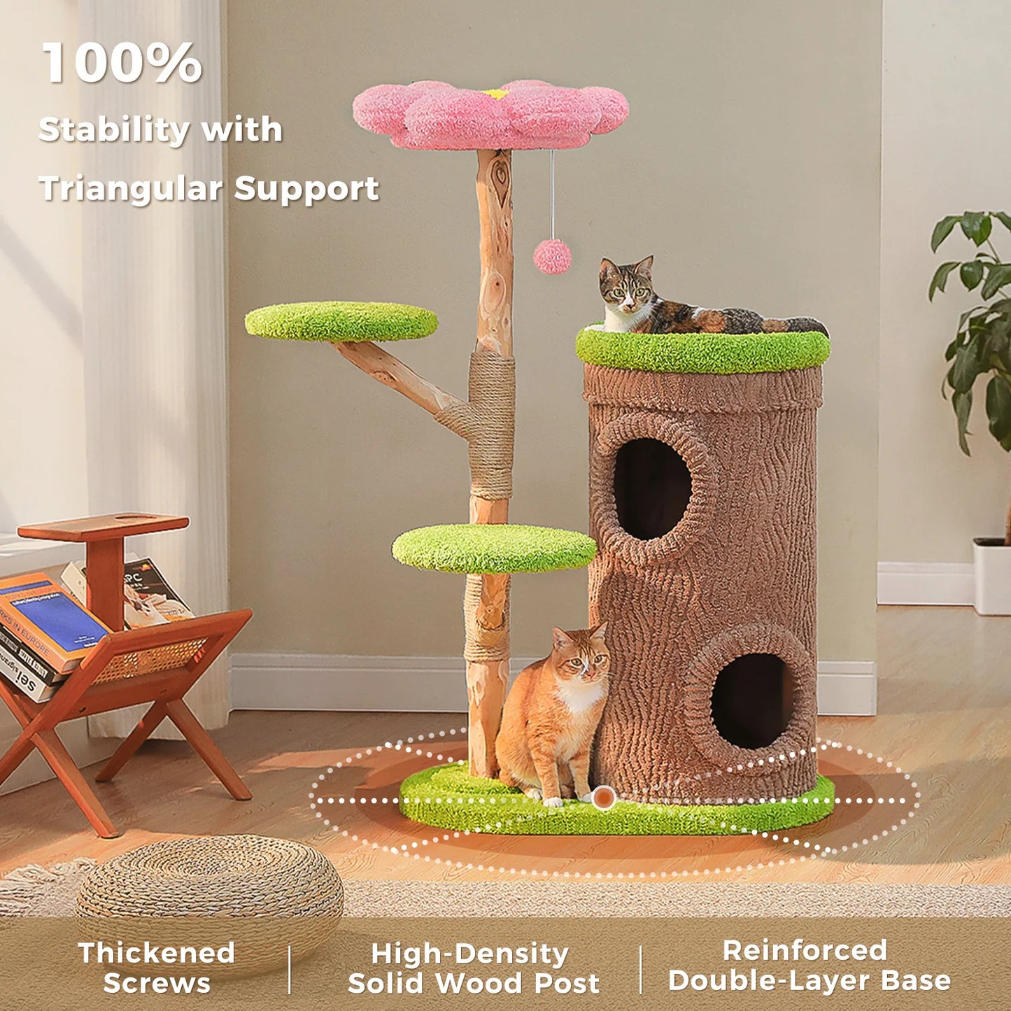 Wood Cat Tree with Cozy Condos Natural Scratching Posts Flower Perch Modern Cat Tower for Indoor Multi-Level Cat House Cat Toys