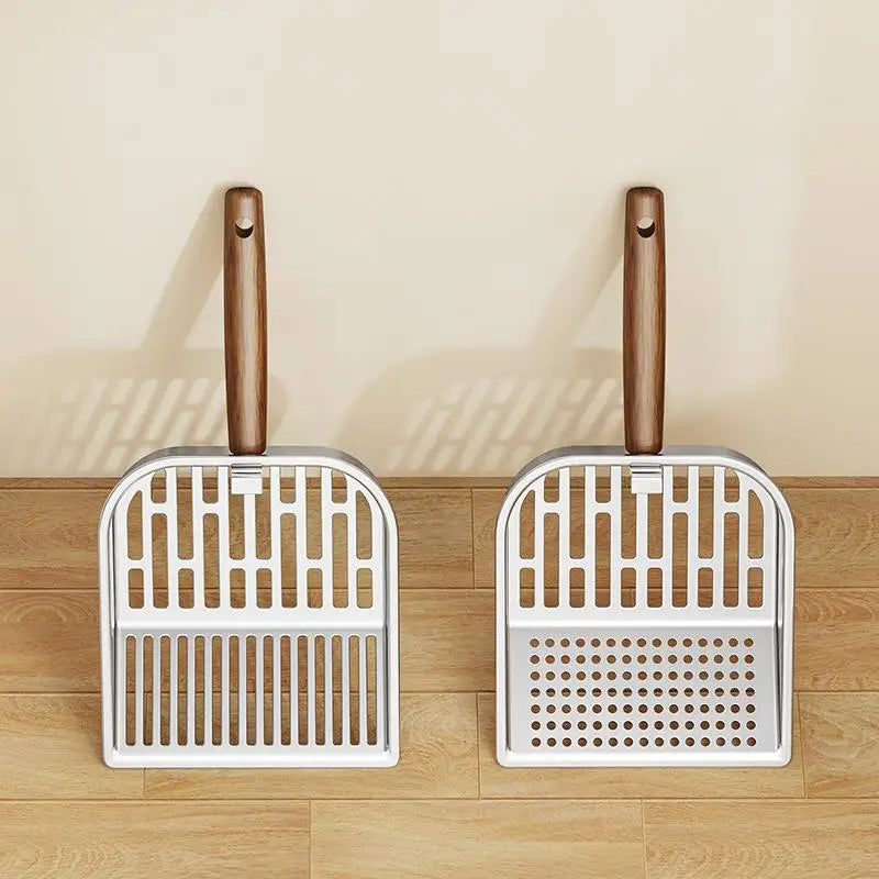 Stainless Steel Cat Litter Scoop Long Wooden Handle Pet Waste Shovel Cleaning Tool Long Handled Hollow Shovel Cats Supplies