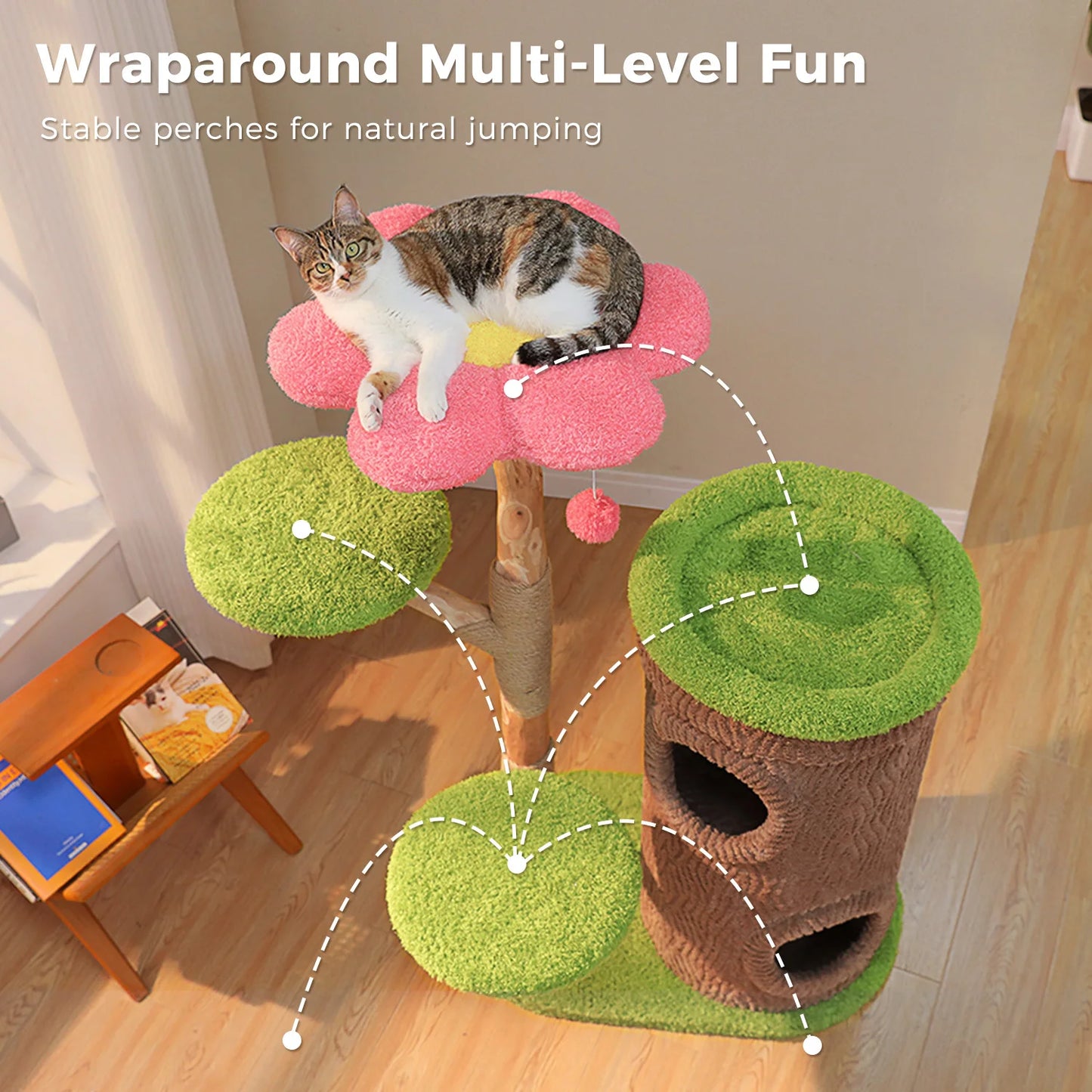 Wood Cat Tree with Cozy Condos Natural Scratching Posts Flower Perch Modern Cat Tower for Indoor Multi-Level Cat House Cat Toys