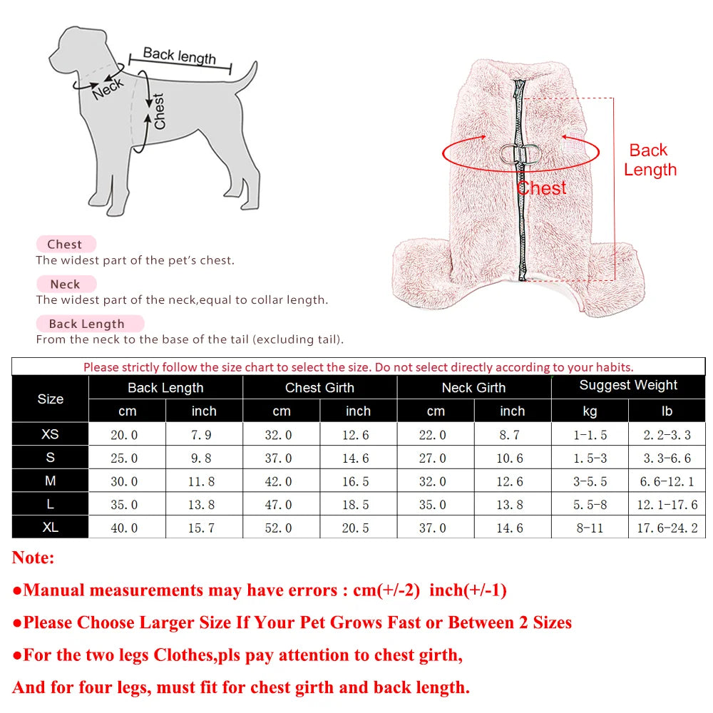 Soft Fleece Dog Clothes Winter Four Legs Covered  Plush Pet Coat D-Ring Zipper Puppy Jacket Autumn Overall For Small Middle Dog