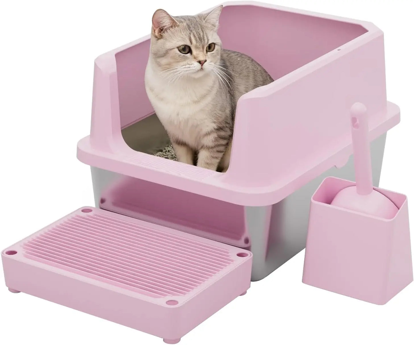 Cat Litter Box: Pink StainlSteel Odor Control Pan - Easy Clean Non-Porous - 11.6' High Sides Anti