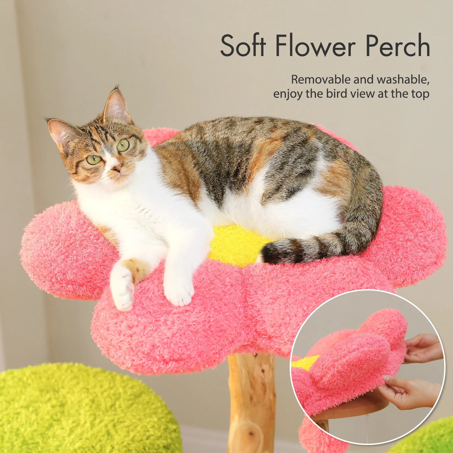 Wood Cat Tree with Cozy Condos Natural Scratching Posts Flower Perch Modern Cat Tower for Indoor Multi-Level Cat House Cat Toys