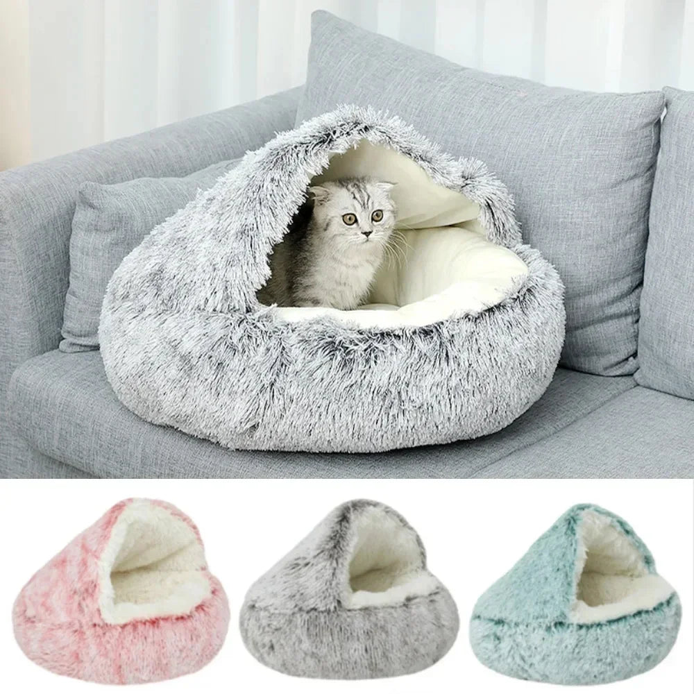 Snooze Cat Bed Round Plush Fluffy Hooded Cozy Cat Bed Cave for Indoor Donut Self Warming Small Dog Bed Anti-anxiety for Winter