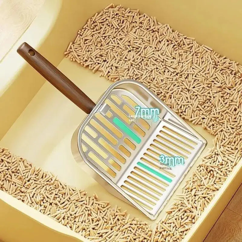 Stainless Steel Cat Litter Scoop Long Wooden Handle Pet Waste Shovel Cleaning Tool Long Handled Hollow Shovel Cats Supplies