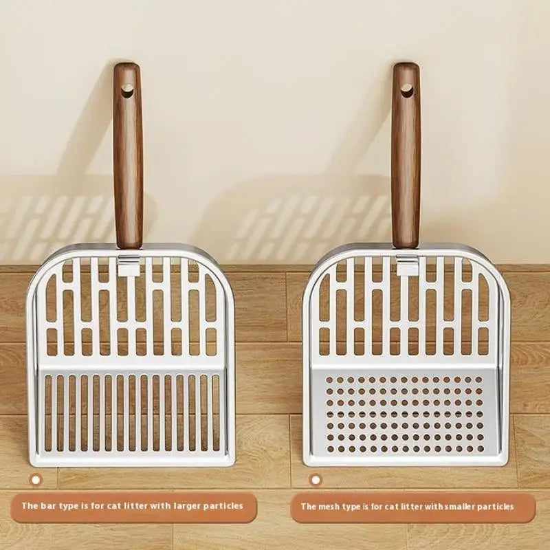 Stainless Steel Cat Litter Scoop Long Wooden Handle Pet Waste Shovel Cleaning Tool Long Handled Hollow Shovel Cats Supplies