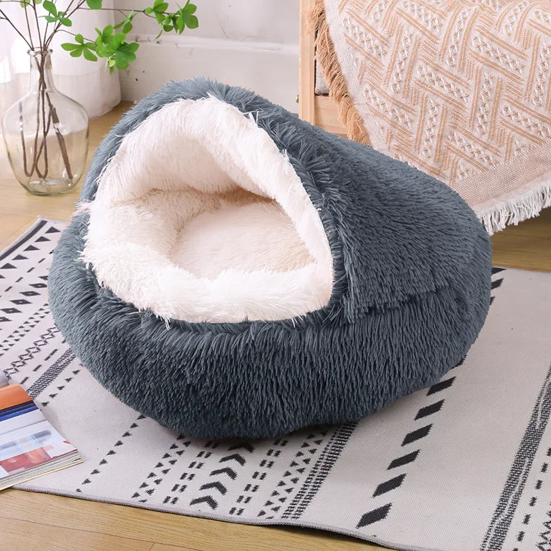 Snooze Cat Bed Round Plush Fluffy Hooded Cozy Cat Bed Cave for Indoor Donut Self Warming Small Dog Bed Anti-anxiety for Winter