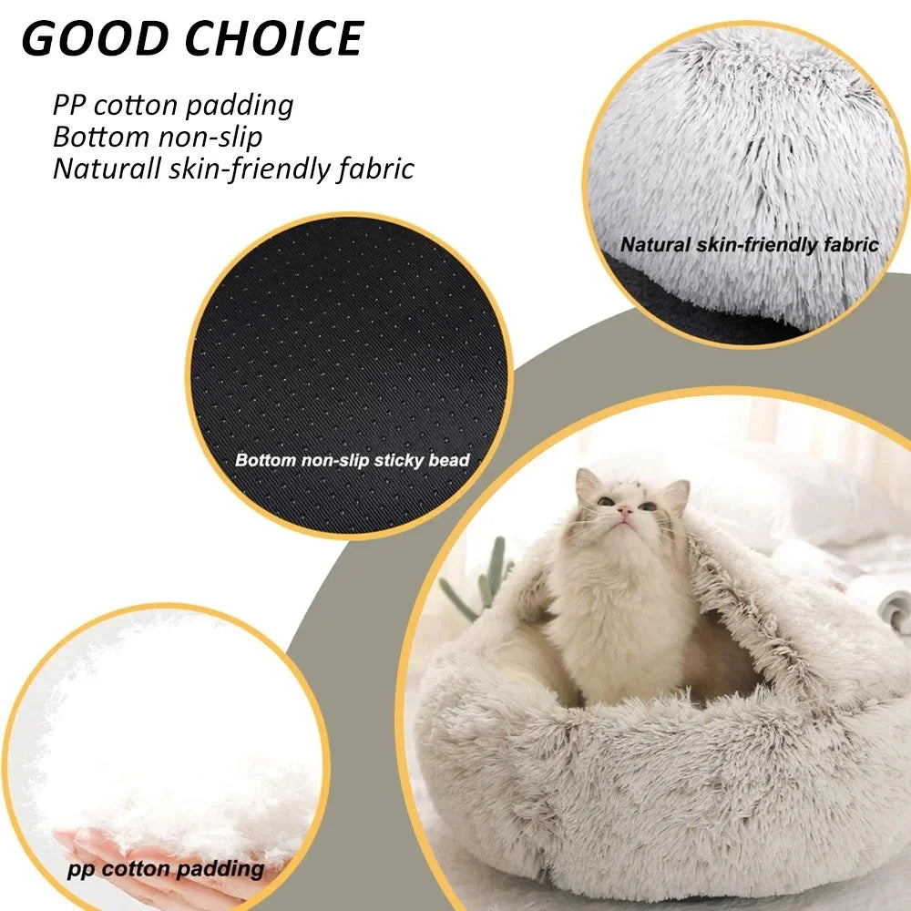 Snooze Cat Bed Round Plush Fluffy Hooded Cozy Cat Bed Cave for Indoor Donut Self Warming Small Dog Bed Anti-anxiety for Winter