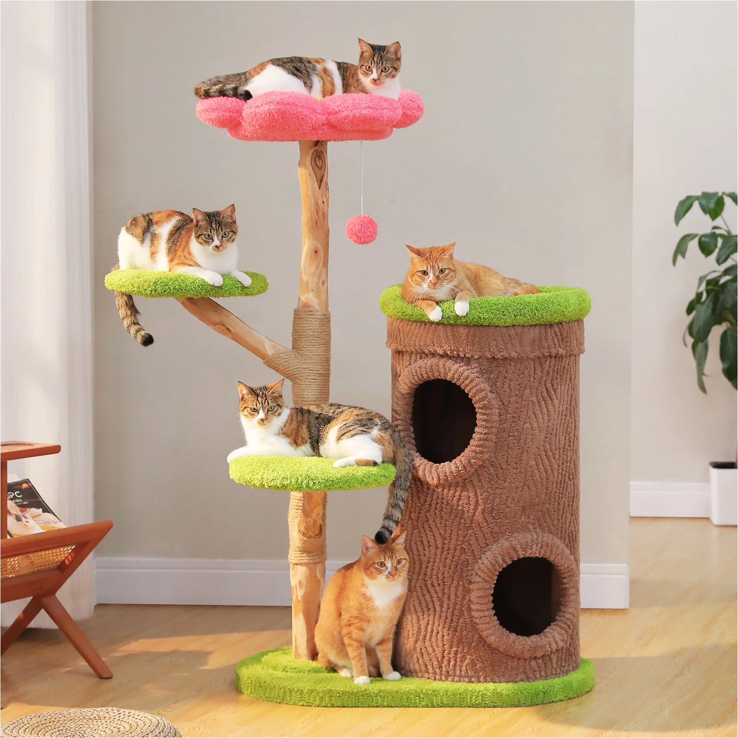 Wood Cat Tree with Cozy Condos Natural Scratching Posts Flower Perch Modern Cat Tower for Indoor Multi-Level Cat House Cat Toys