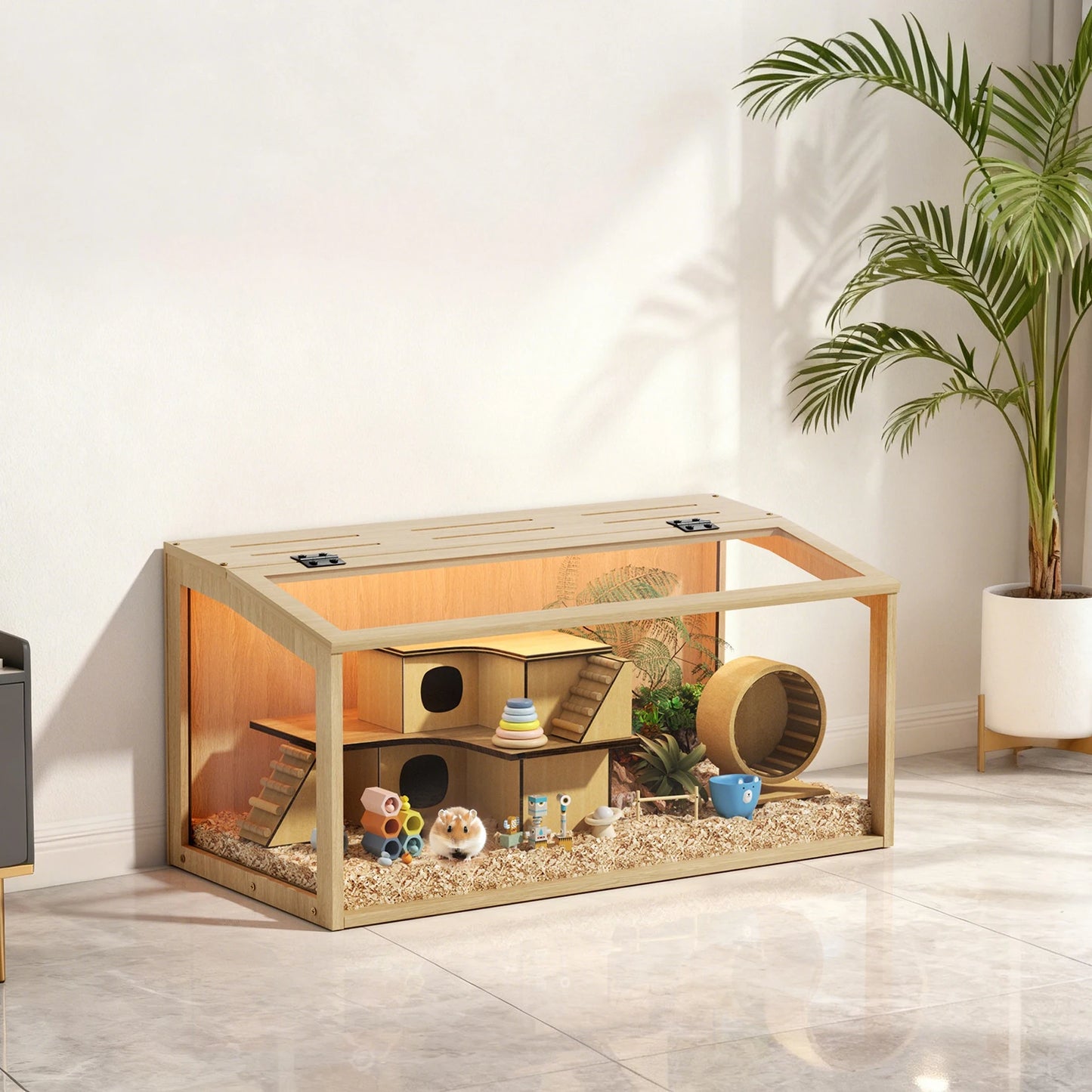 NONECN Wooden Hamster Cage With Glass Panels Open Top