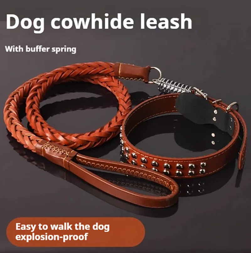 5-Foot Genuine Dog Leash with Cowhide Collar - High Quality Punch Dog Walking Rope for Medium & Large Dogs, Golden Retriever