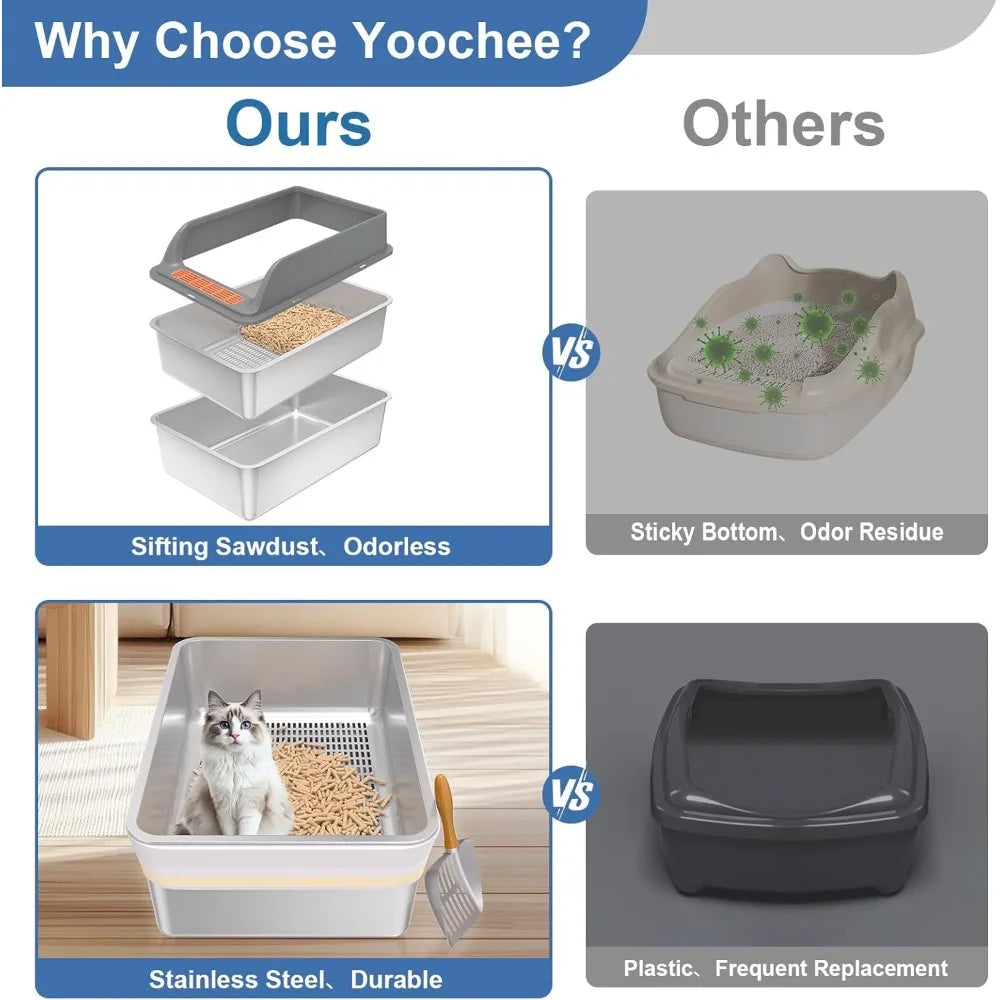 Medium Stainless Steel Sifting Litter Box with Lid for Large Cats and Pine Pellet Litter