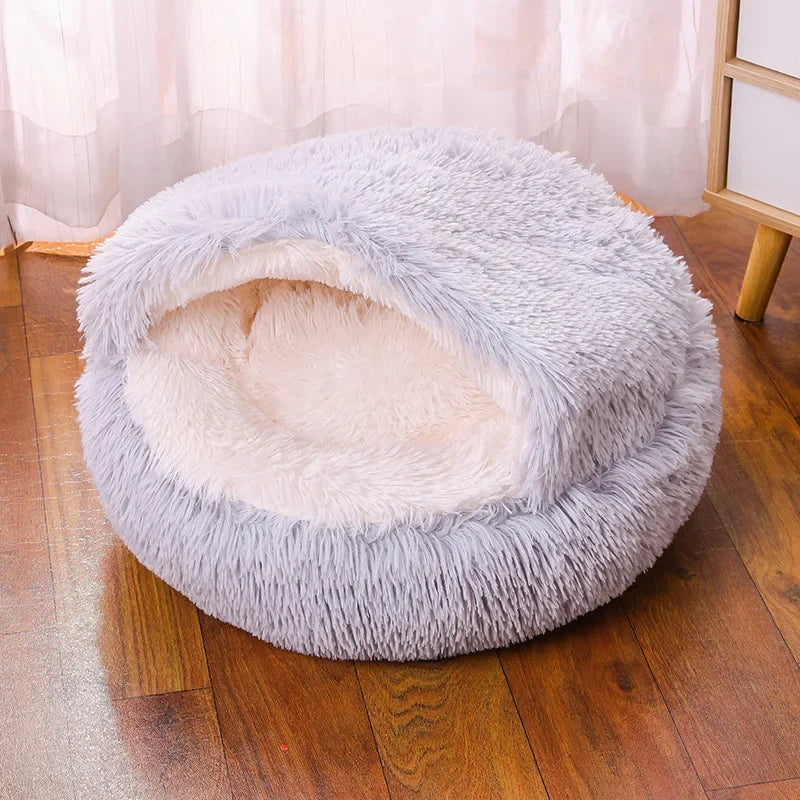 Snooze Cat Bed Round Plush Fluffy Hooded Cozy Cat Bed Cave for Indoor Donut Self Warming Small Dog Bed Anti-anxiety for Winter