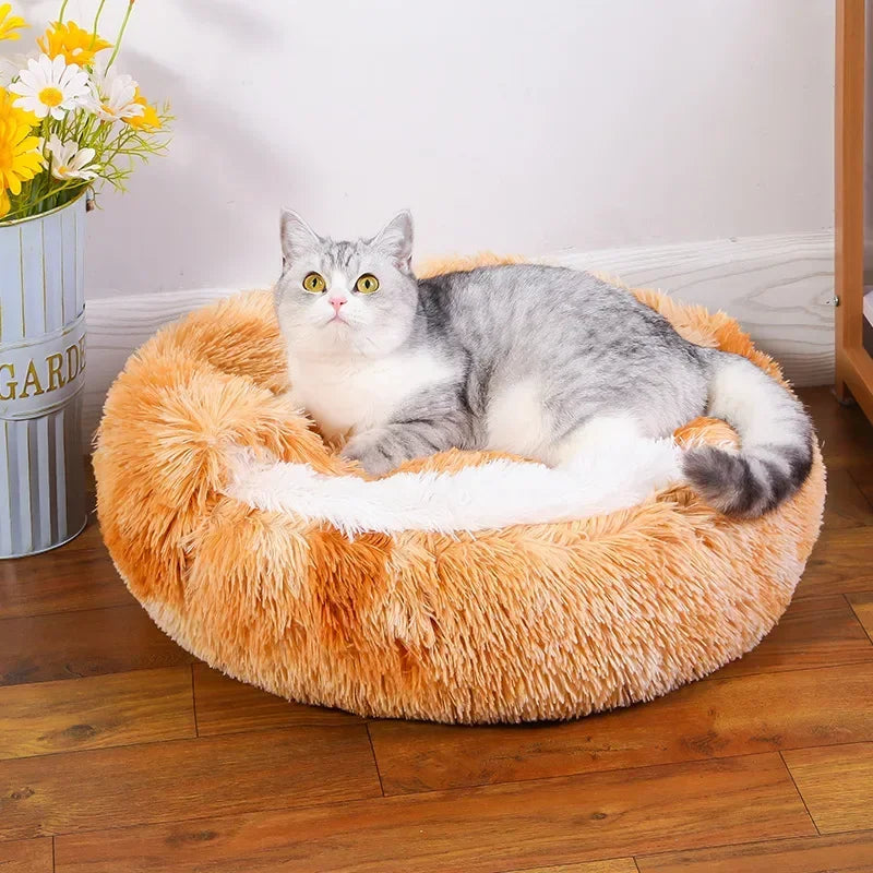 Snooze Cat Bed Round Plush Fluffy Hooded Cozy Cat Bed Cave for Indoor Donut Self Warming Small Dog Bed Anti-anxiety for Winter